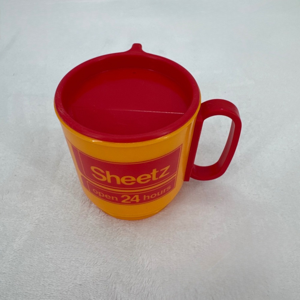 Vintage Sheetz Travel Mug Open 24 Hours Red & Yellow Plastic Insulated Cup 1980s